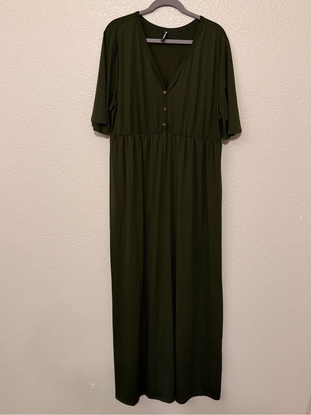Olive Green V-Neck Button-Front Maxi Dress